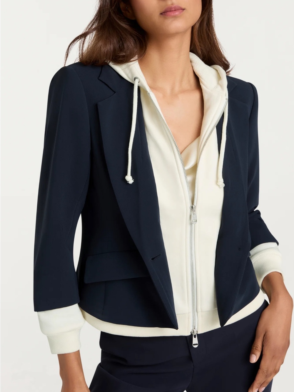 Cinq a sept Zip Up Le Petit Khloe Hooded Blazer jacket Navy Blue Off White